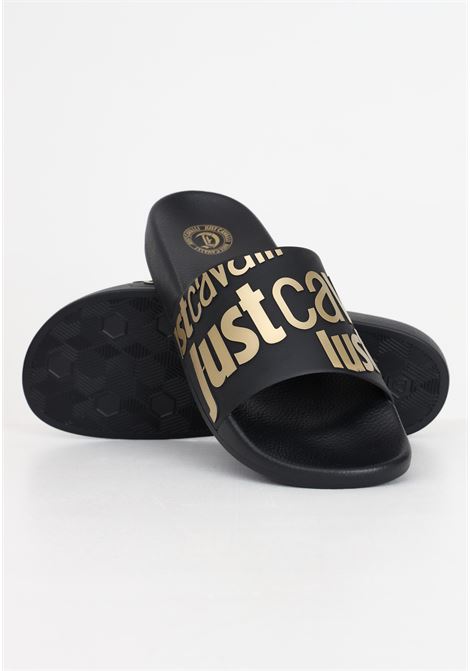 Black men's slippers with gold logo lettering JUST CAVALLI | 76QA3SZ1ZS785PL9 899 - 929